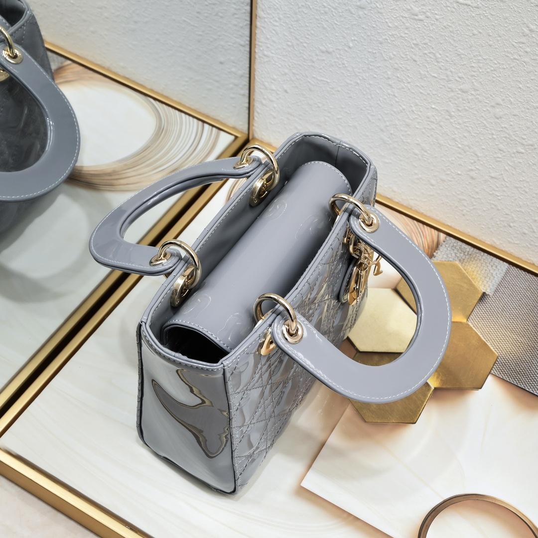 D Inspired Small Lady D Inspired Bag Powder Grey Patent Cannage Calfskin Golden Hardware - Bag - Gorchic - $144.99