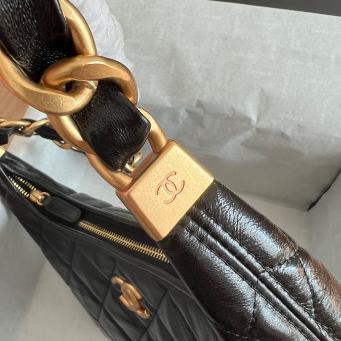 CC Inspired 24A Hobo Small Bag Shiny Calfskin & Gold-Tone Metal Black - Bag - Gorchic - $121.99