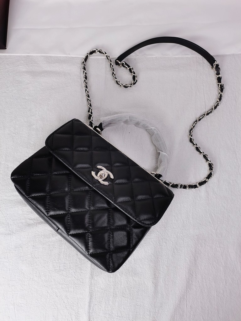 CC Inspired Top Handle Flap Bag Lambskin -Black - Gorchic - $140.99