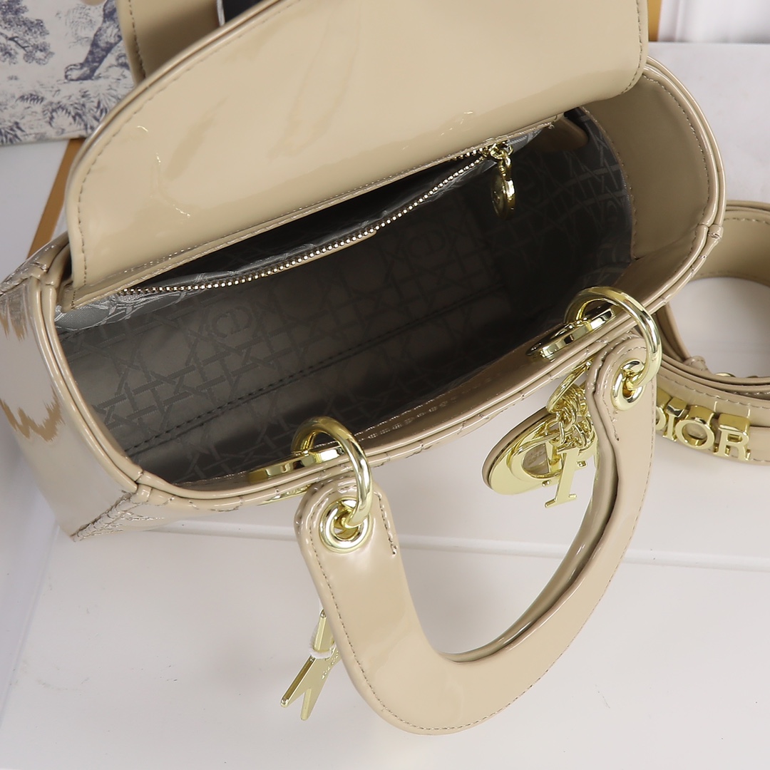 D Inspired Small Lady D Inspired Bag Powder Sand-Colored Patent Cannage Calfskin Golden Hardware - Bag - Gorchic - $144.99