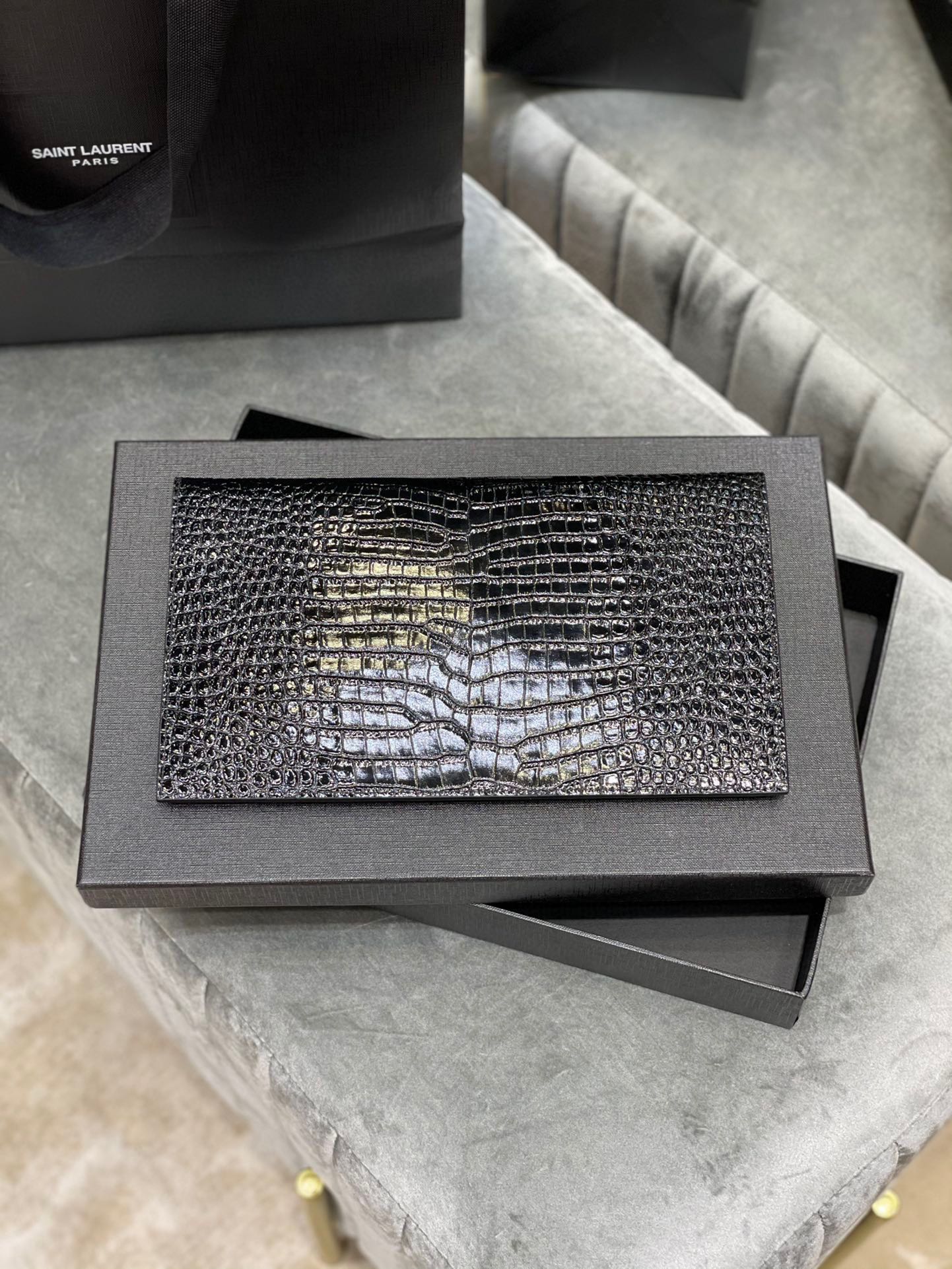 Lady Designer Uptown  POUCH IN CROCODILE-EMBOSSED SHINY LEATHER BLACK-Gold hardware - Bag - Gorchic - $122.99