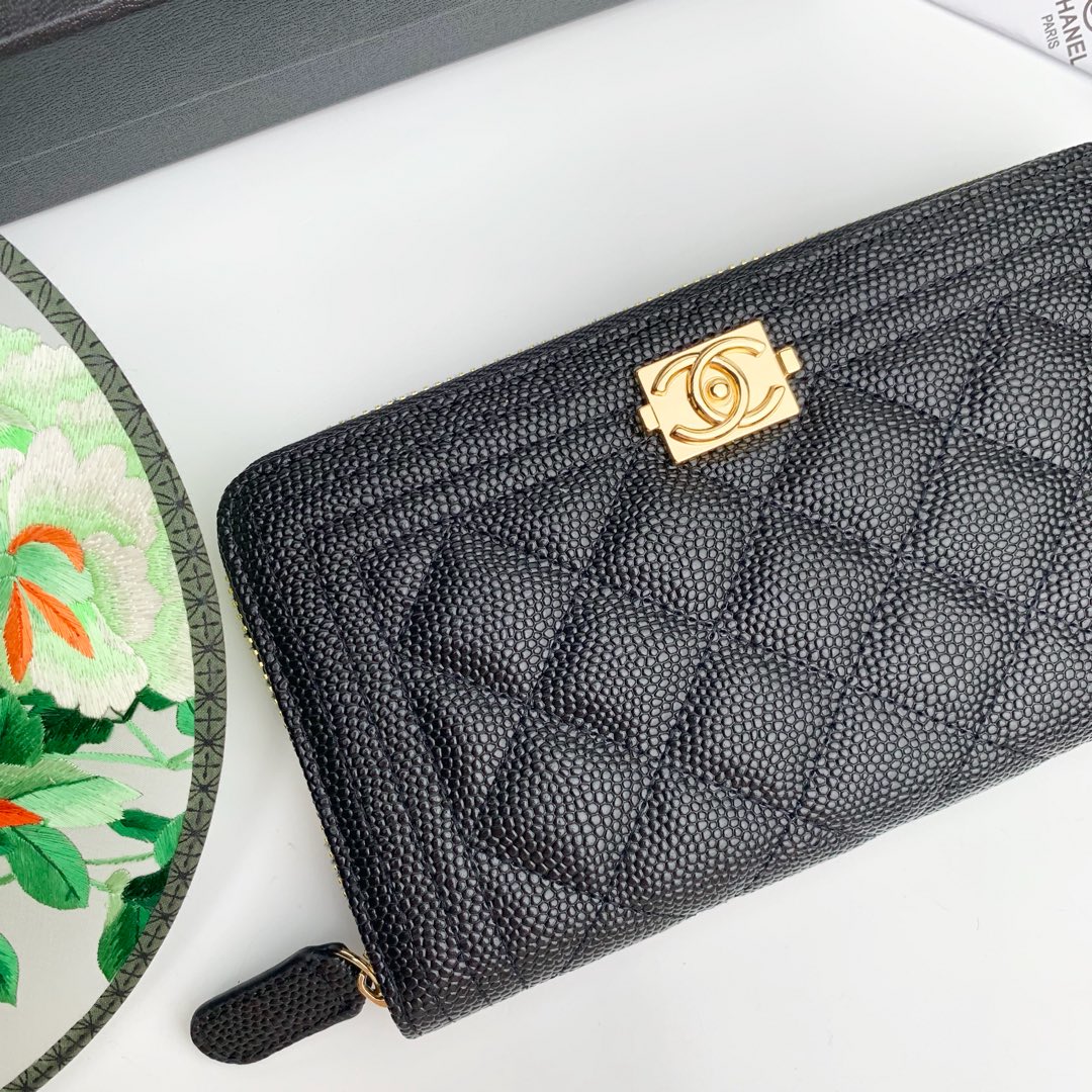 CC Inspired Zip Around Wallet Quilted Caviar Long-Fishseed Pattern Gold Wallet - Gorchic - $52.99