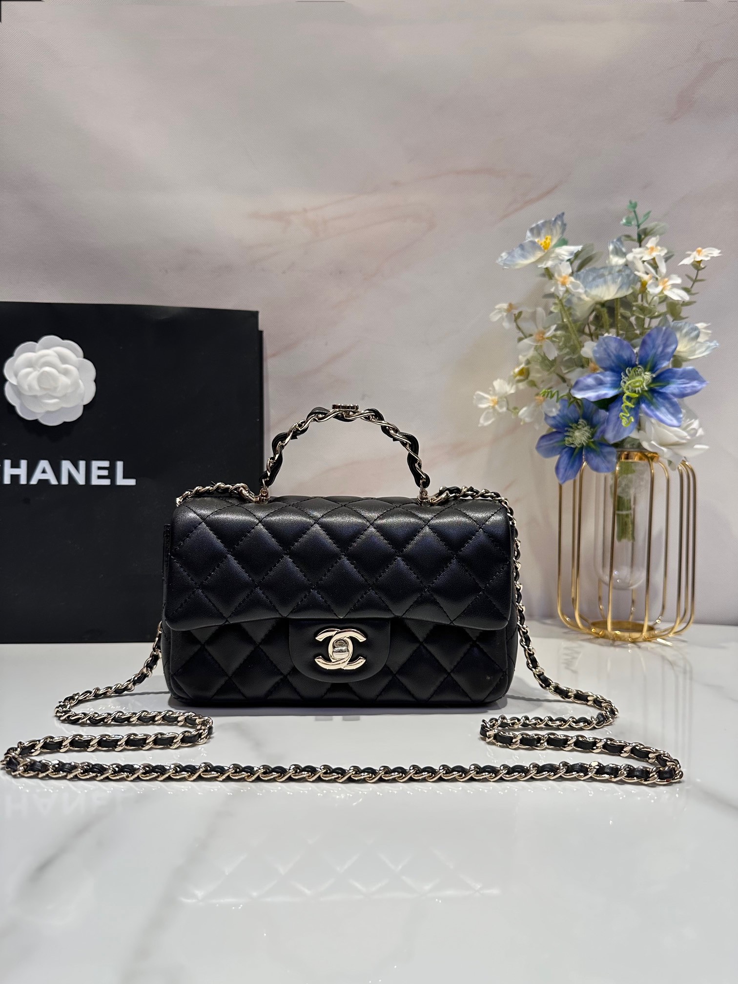 CC Inspired Lambskin Quilted Mini Top Handle Rectangular Flap Black Sier Hardwear Bag - Gorchic - $152.99