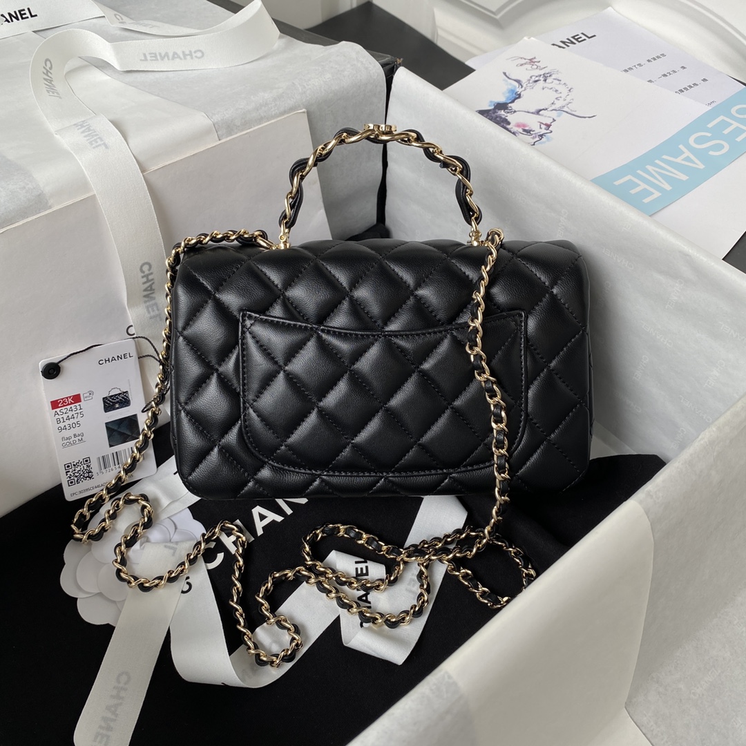 CC Inspired Lambskin Quilted Mini Top Handle Rectangular Flap Black Bag - Gorchic - $152.99
