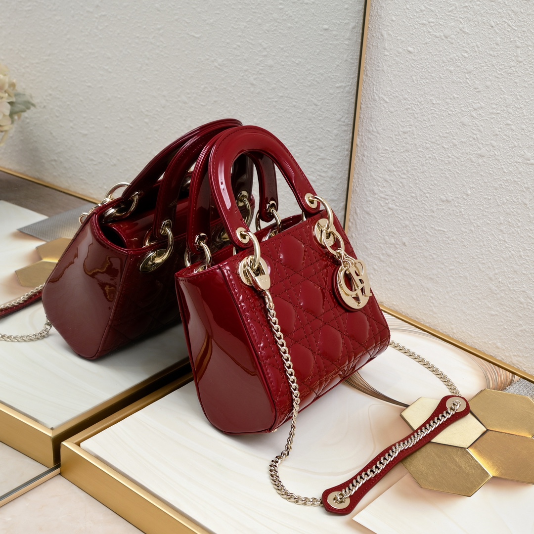 D Inspired Mini Lady D Inspired Bag Powder Cherry Red Patent Cannage Calfskin Golden Hardware - Bag - Gorchic - $138.99