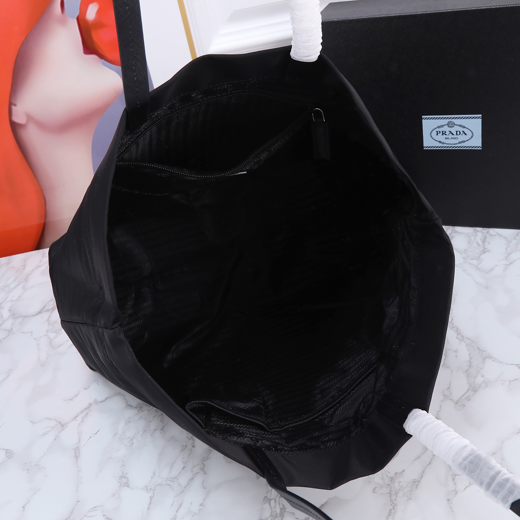 Saffiano texture Nylon Fabric Black Medium Tote Bag - Gorchic - $135.99