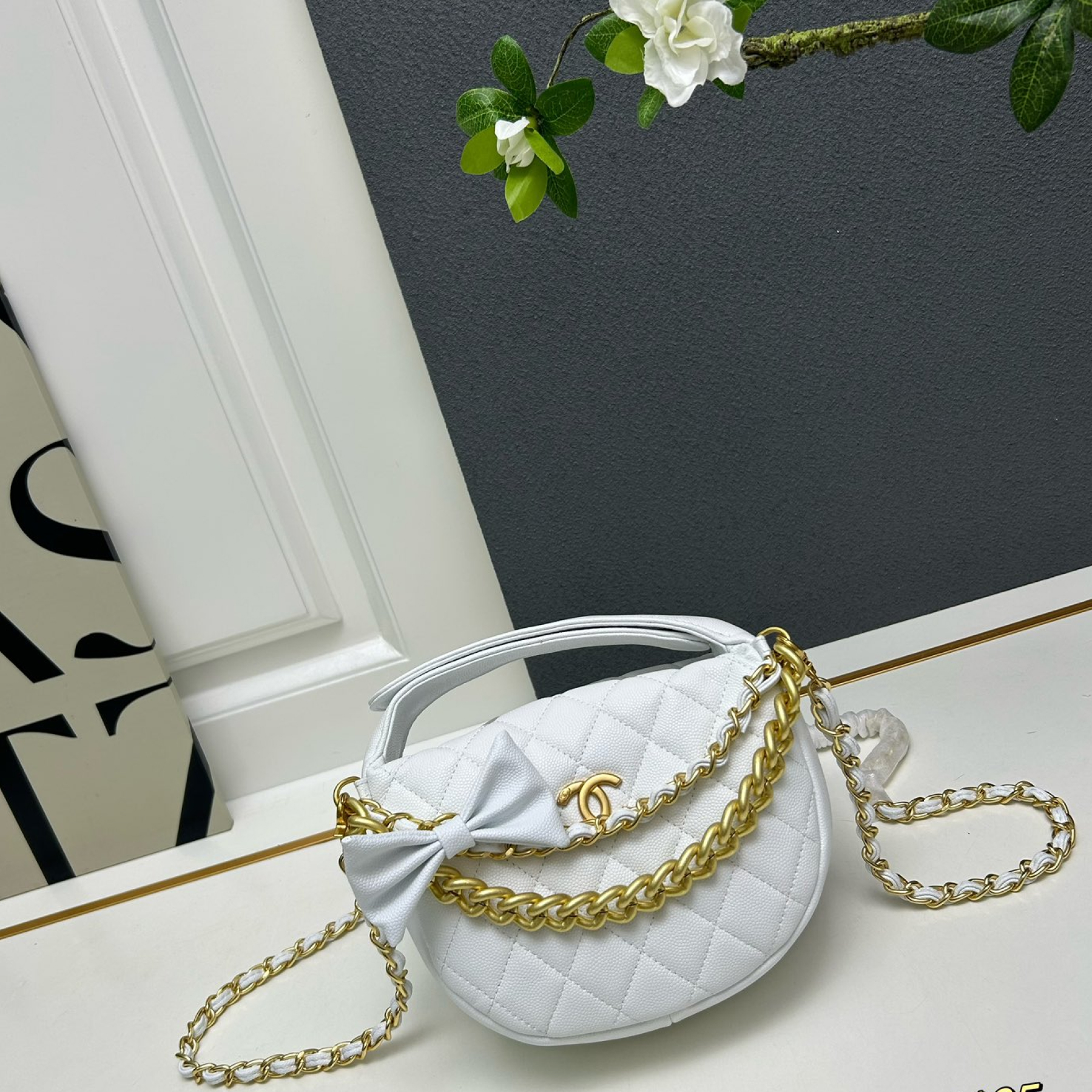 CC Inspired Shiny Caviar Quilted Bow Pouch Hobo White - Gorchic - $145.99