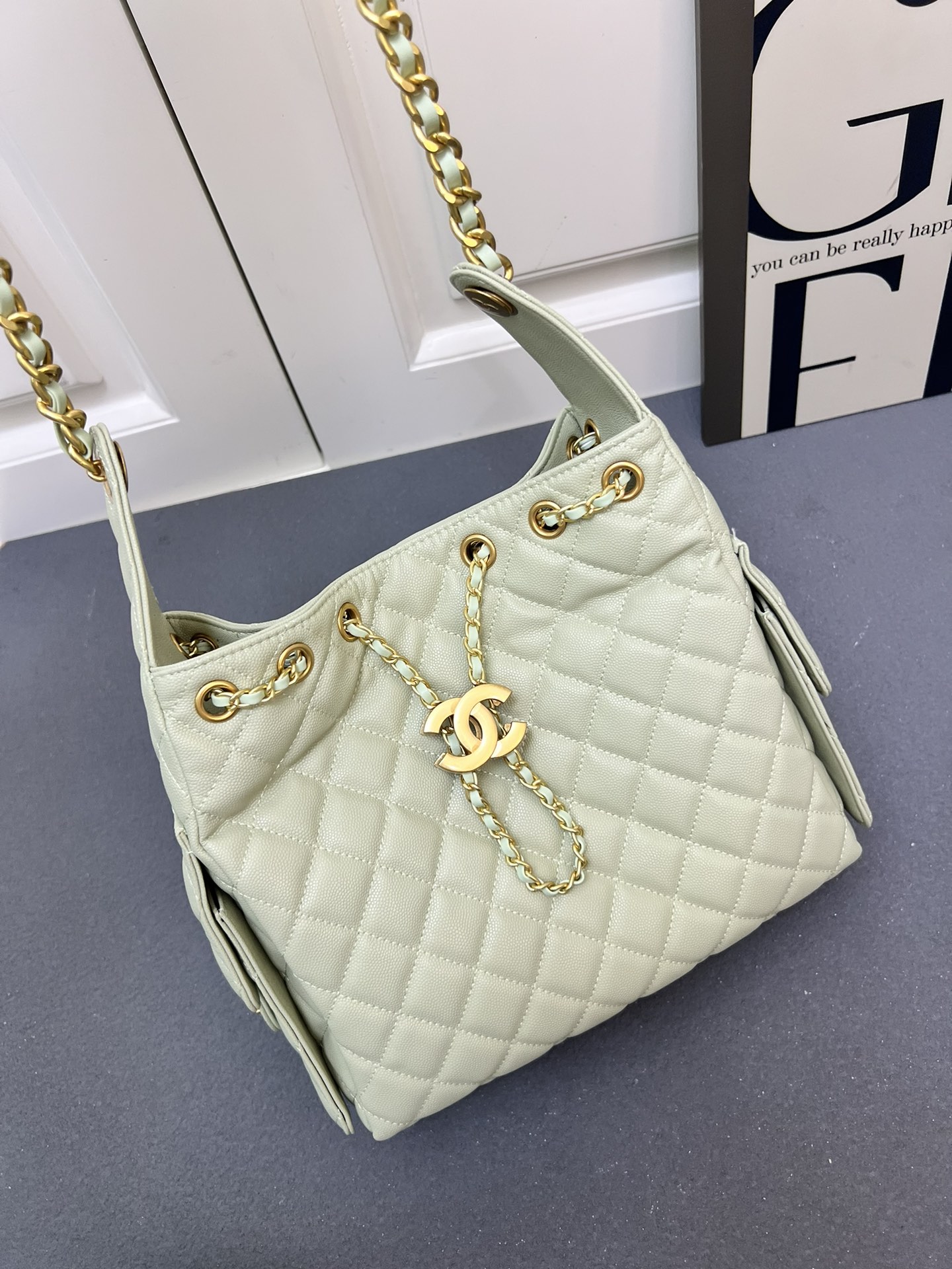 CC Inspired 25 Small Handbag Grained Calfskin & Gold-Tone Metal Light Green - Bag - Gorchic - $152.99