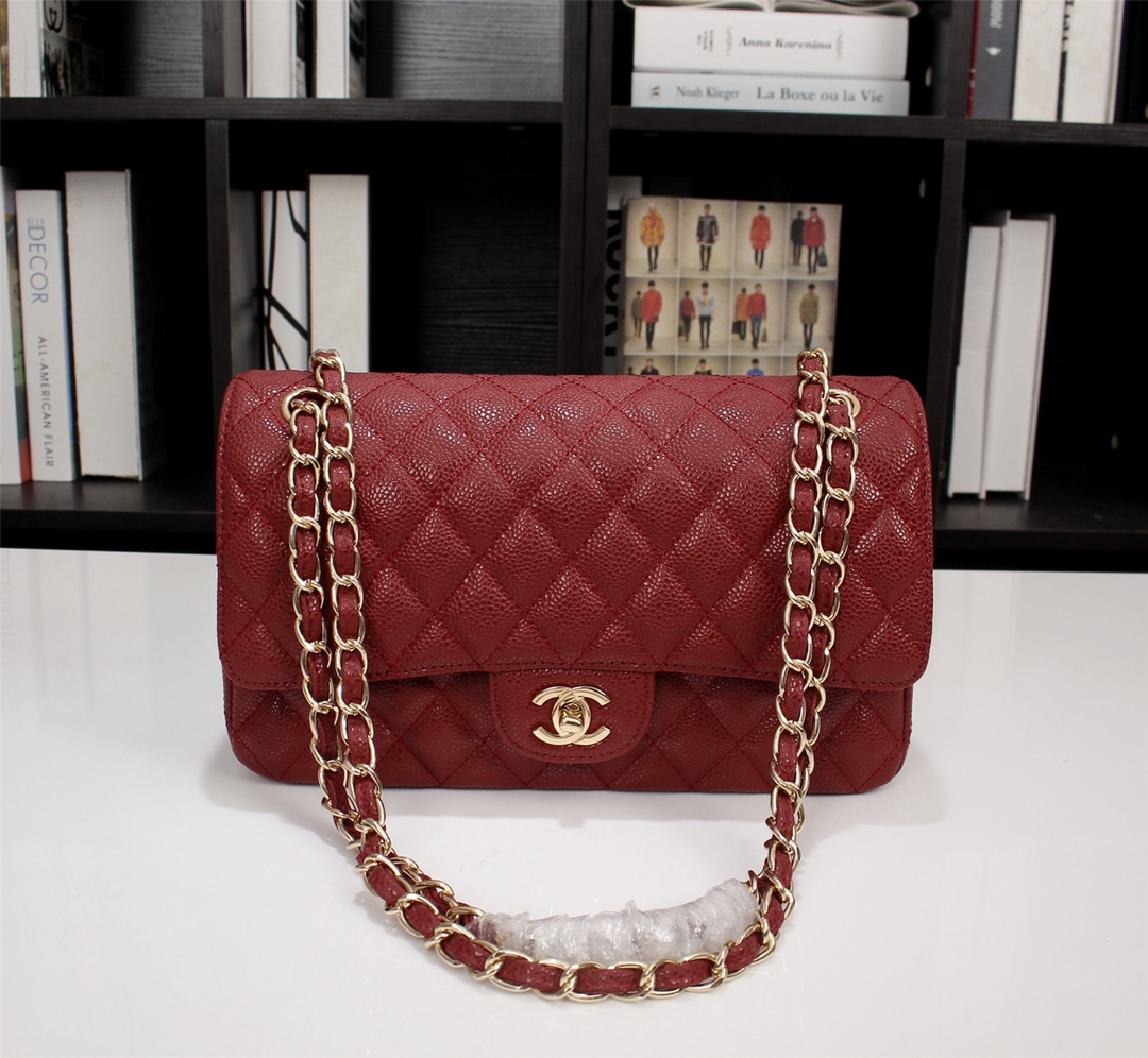 CC Inspired Classic Double Flap Bag Dark Red Caviar Golden Hardware - Bag - Gorchic - $122.99