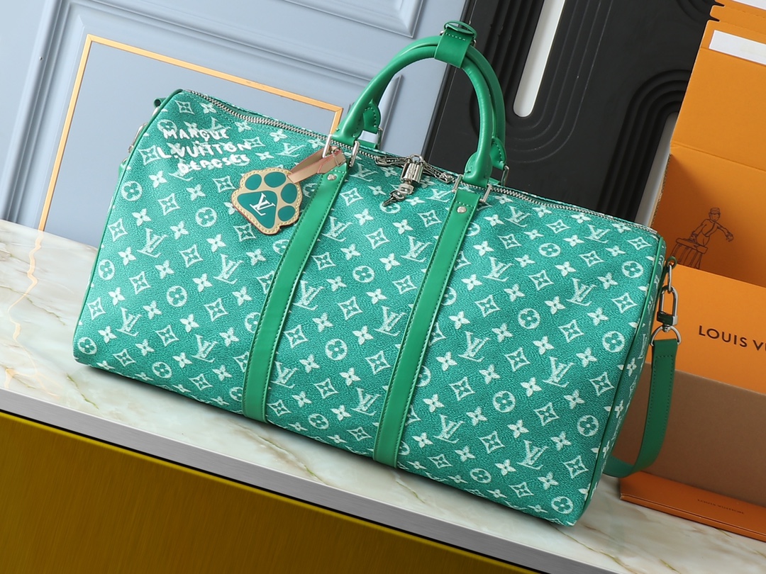 Designer Monogram Keepall Bandoulière 50 Green Distressed Leather- Bag - Gorchic - $165.99