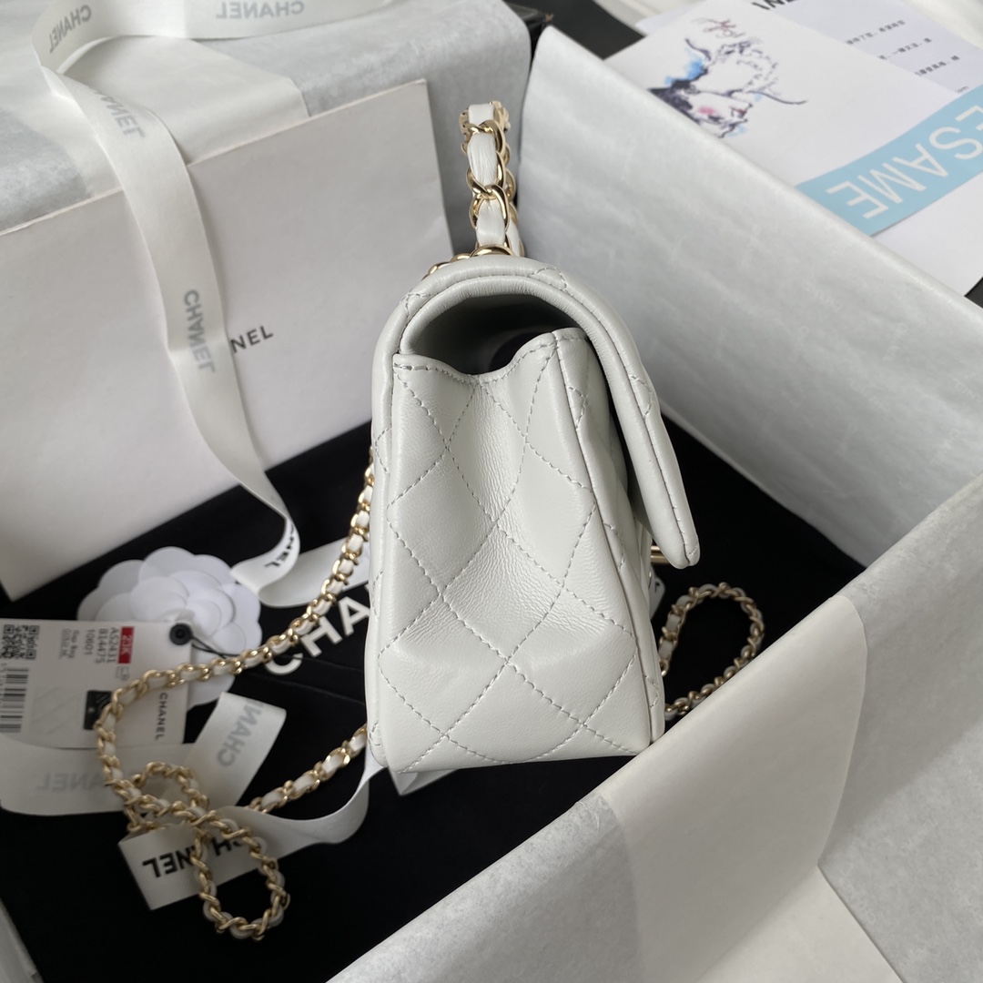 CC Inspired Lambskin Quilted Mini Top Handle Rectangular Flap White Golden Hardwear Bag - Gorchic - $152.99