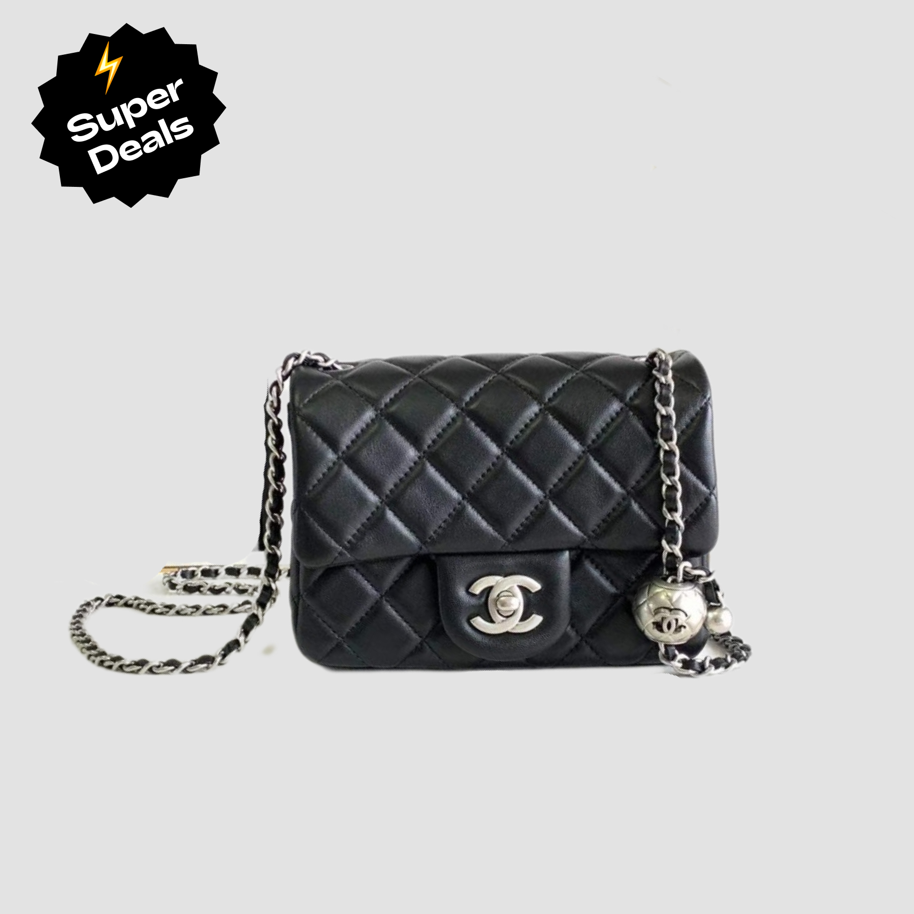 CC Inspired Classic Flag Bag Mini Square Black Calfskin Sliver Hardware - Bag - Gorchic - $121.99