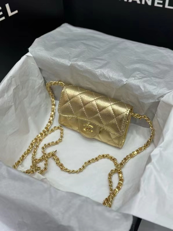 CC Inspired Gold Metallic Calfskin Quilted Flap Chain Waist Bag - Gorchic - $82.99