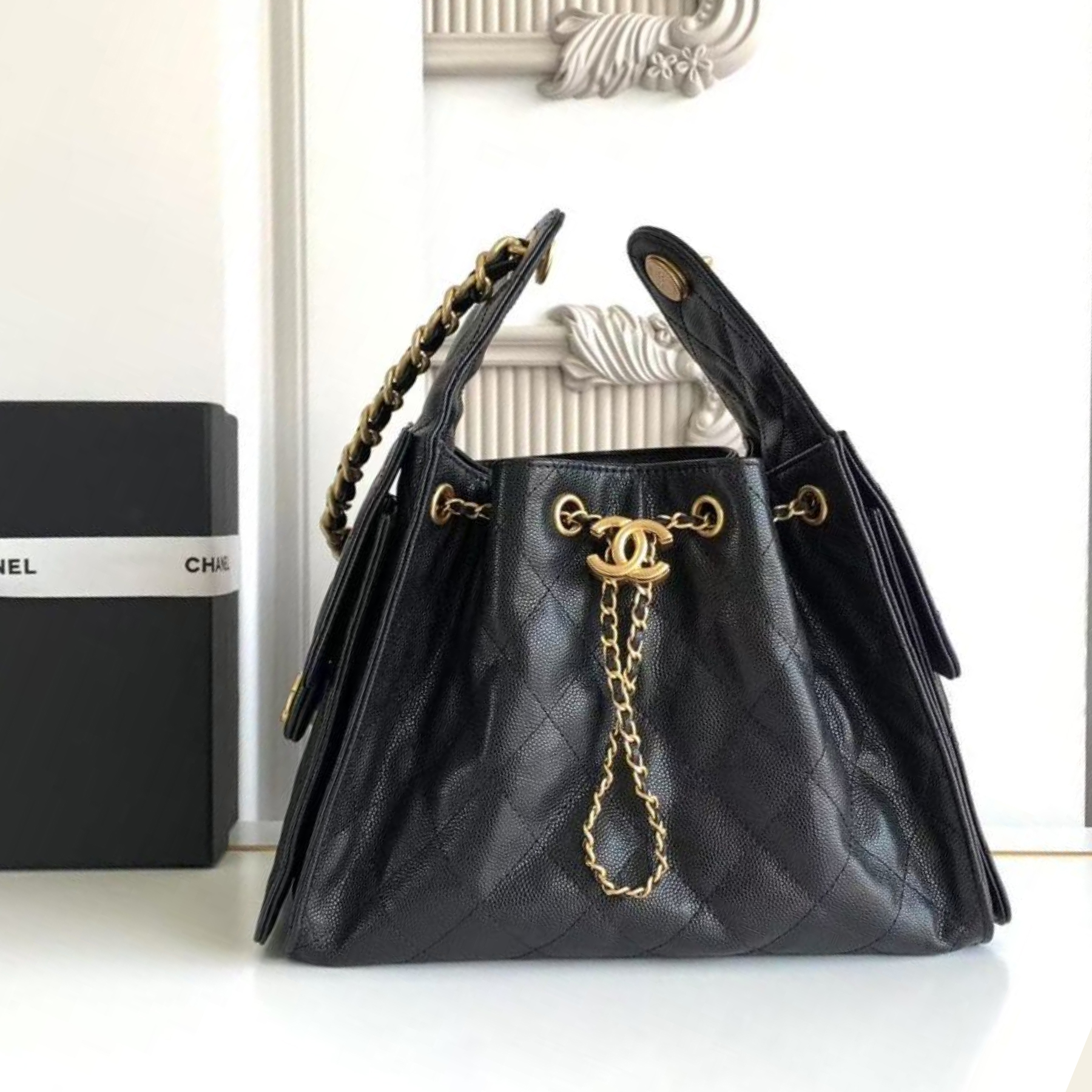 CC Inspired 25 Small Handbag Grained Calfskin & Gold-Tone Metal Black -Bag - Gorchic - $152.99