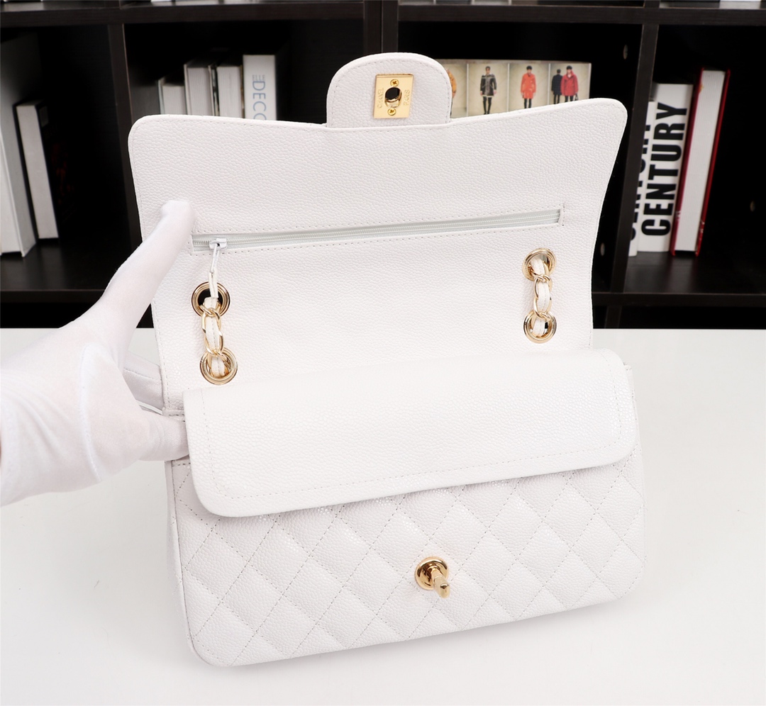 CC Inspired Classic Double Flap Bag White Caviar Golden Hardware - Bag - Gorchic - $122.99