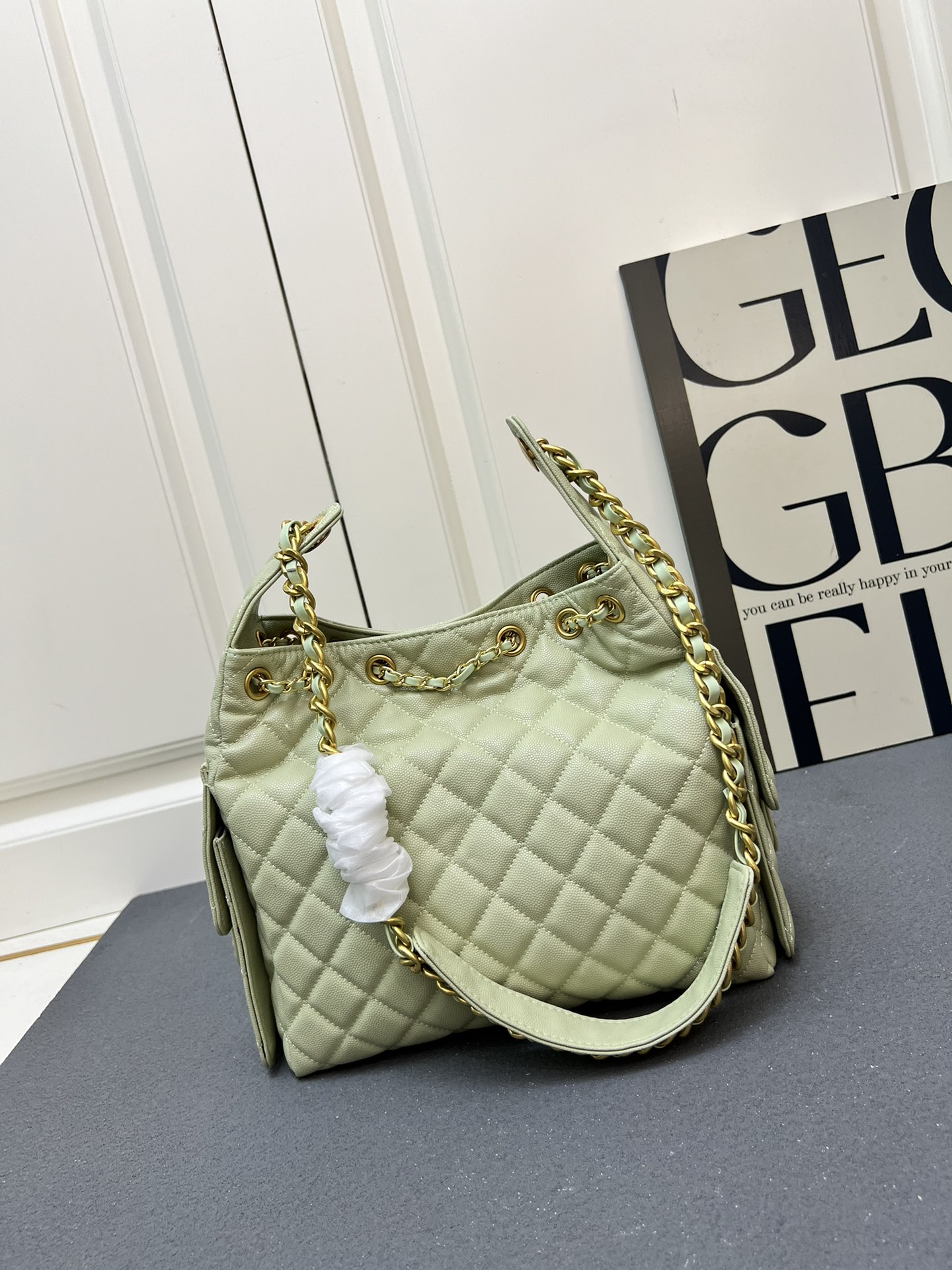CC Inspired 25 Small Handbag Grained Calfskin & Gold-Tone Metal Light Green - Bag - Gorchic - $152.99