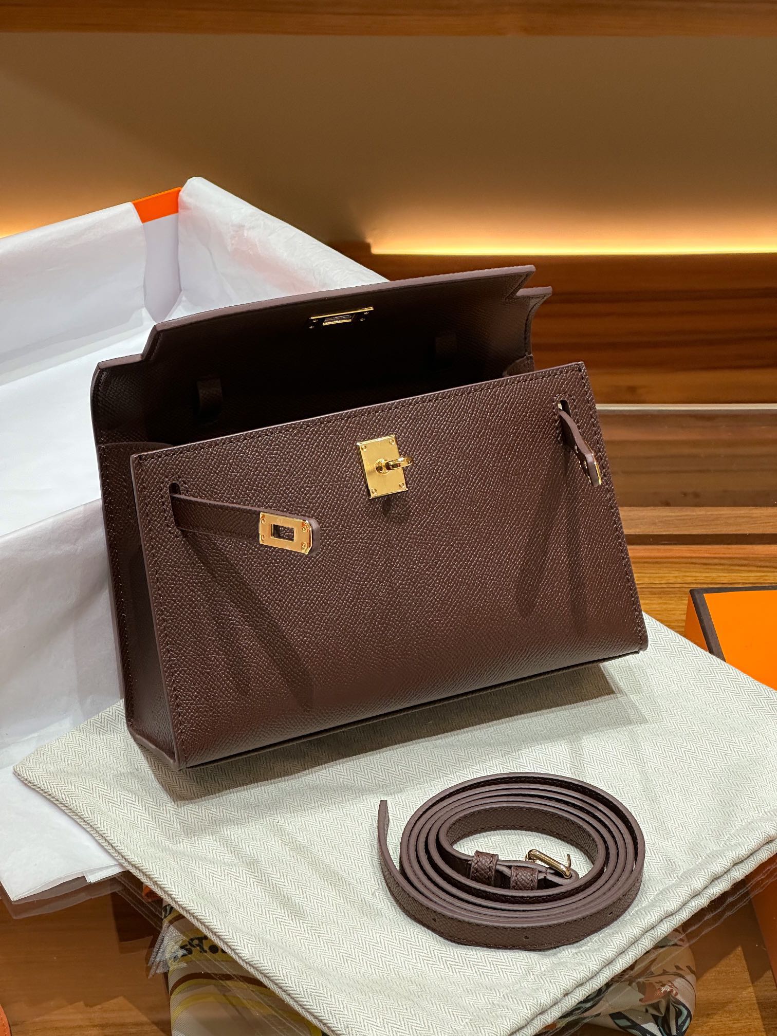 H-Inspired Kelly Mini 1st Kelly Pochette Generation Epsom Palm Leather-Coffee Color - Gorchic - $146.99