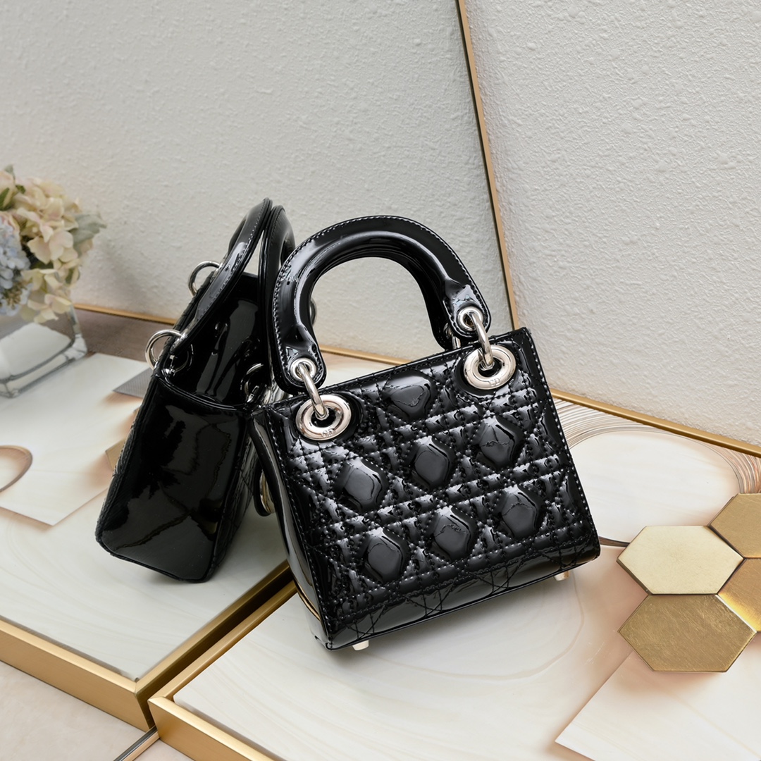 D Inspired Mini Lady D Inspired Bag Powder Black Patent Cannage Calfskin Golden Hardware - Bag - Gorchic - $138.99
