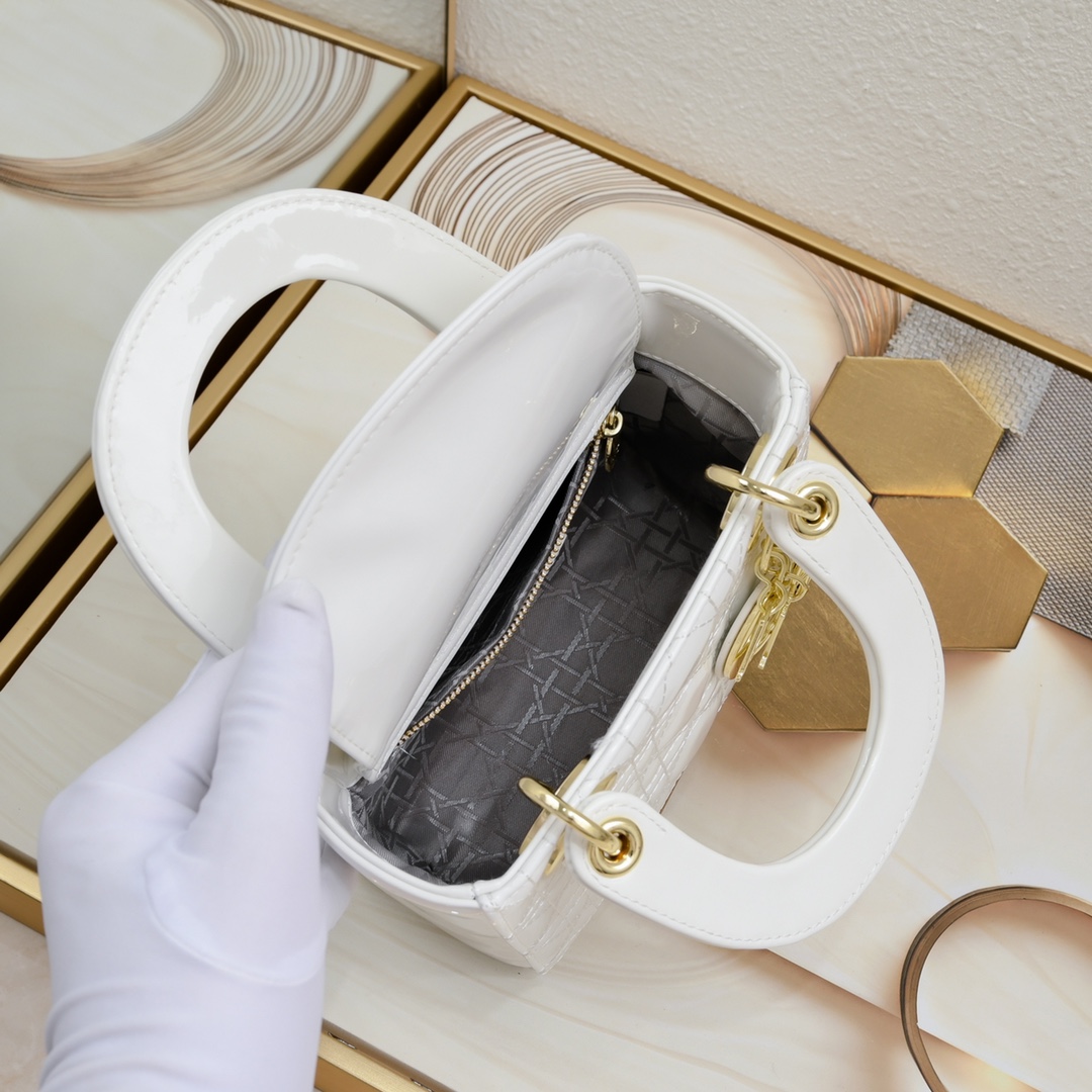 D Inspired Mini Lady D Inspired Bag Powder White Patent Cannage Calfskin Golden Hardware - Bag - Gorchic - $138.99