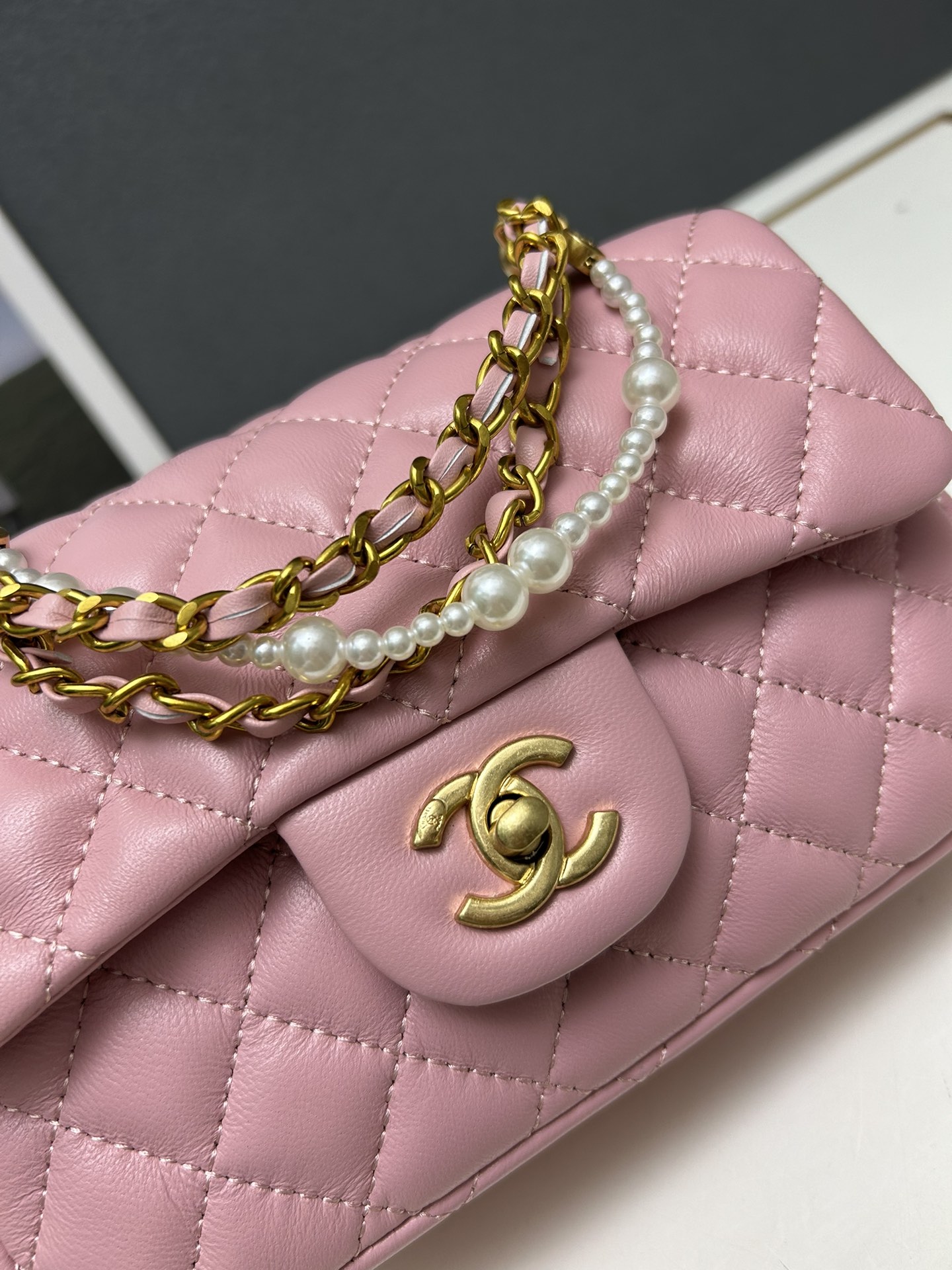 CC Inspired Mini Square Pearl Flap Bag Light Pink Leather Gold Hardware - Gorchic - $132.99