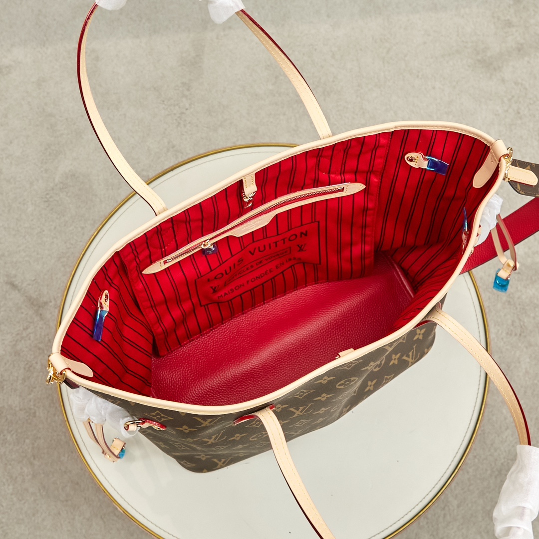 Designer Monogram Neverfull Bandoulière Inside Out MM Size Rouge Sari Bag - Gorchic - $136.99