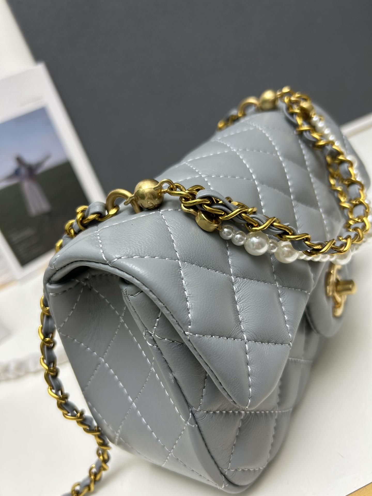 CC Inspired Mini Square Pearl Flap Bag Grey Leather Gold Hardware - Gorchic - $132.99