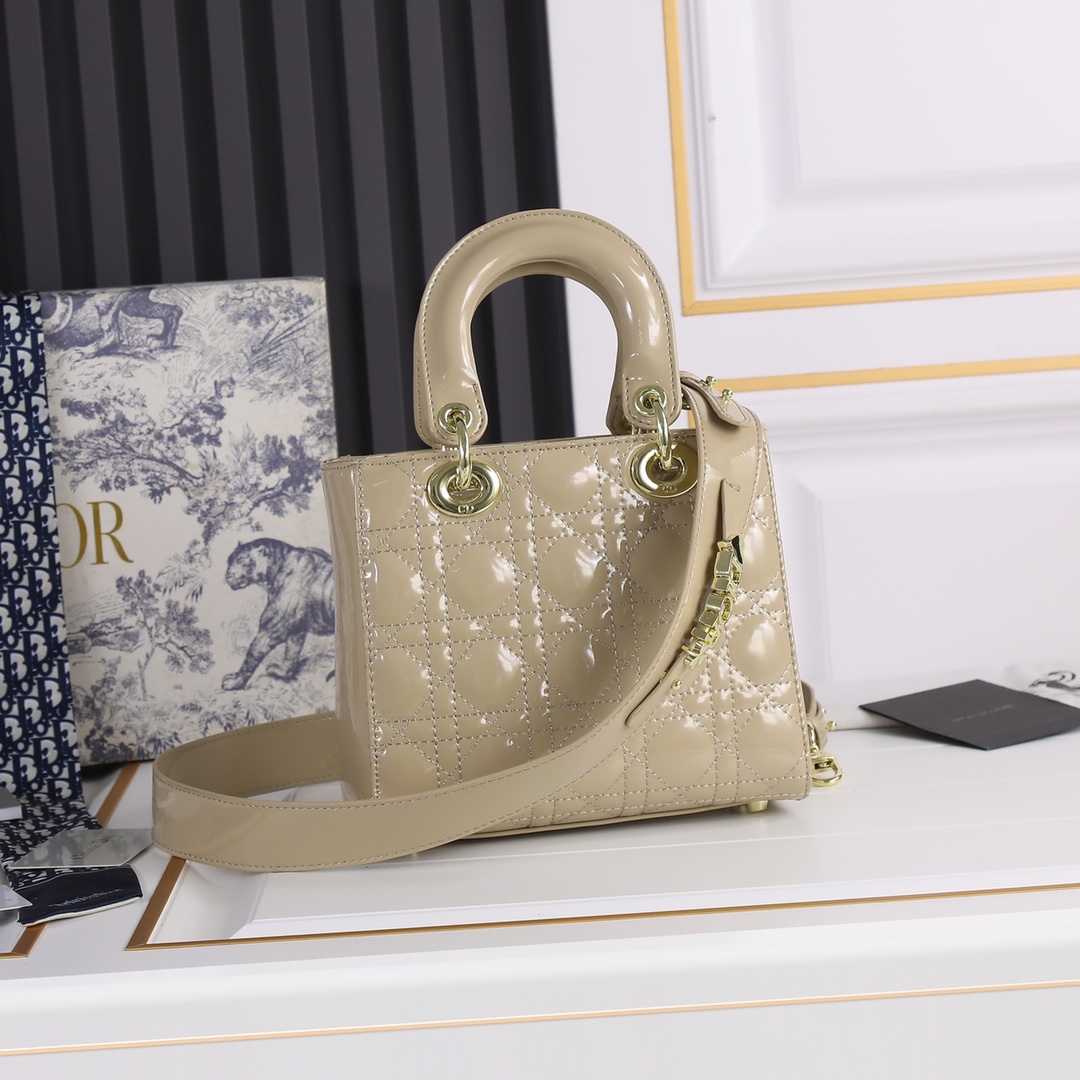 D Inspired Small Lady D Inspired Bag Powder Sand-Colored Patent Cannage Calfskin Golden Hardware - Bag - Gorchic - $144.99