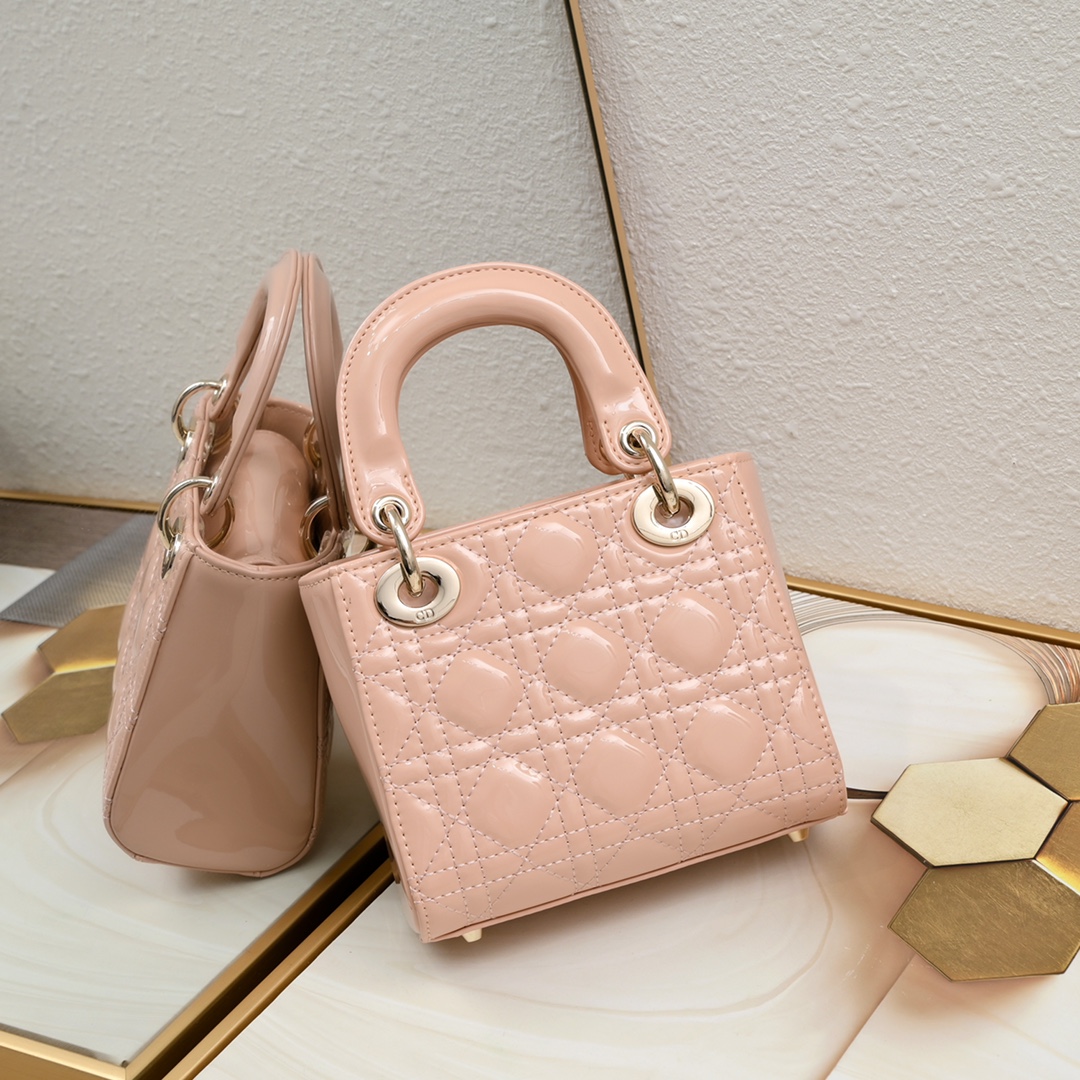 D Inspired Mini Lady D Inspired Bag Powder Pink Patent Cannage Calfskin Golden Hardware - Bag - Gorchic - $138.99