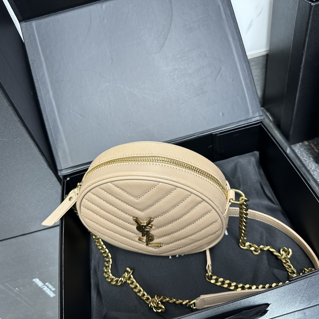 Lady Designer Grain De Poudre Matelasse Chevron Quilted Round Vinyle Camera Bag Dark Beige-Gold hardware - Bag - Gorchic - $131.99