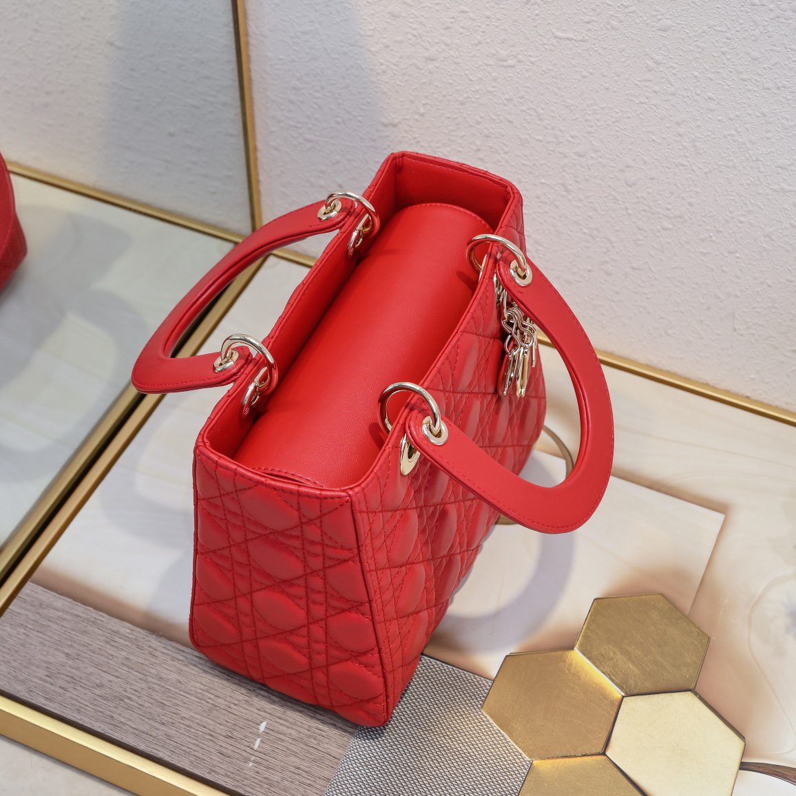 D Inspired Medium Lady D Inspired Bag Red Cannage Calfskin Golden Hardware - Bag - Gorchic - $144.99