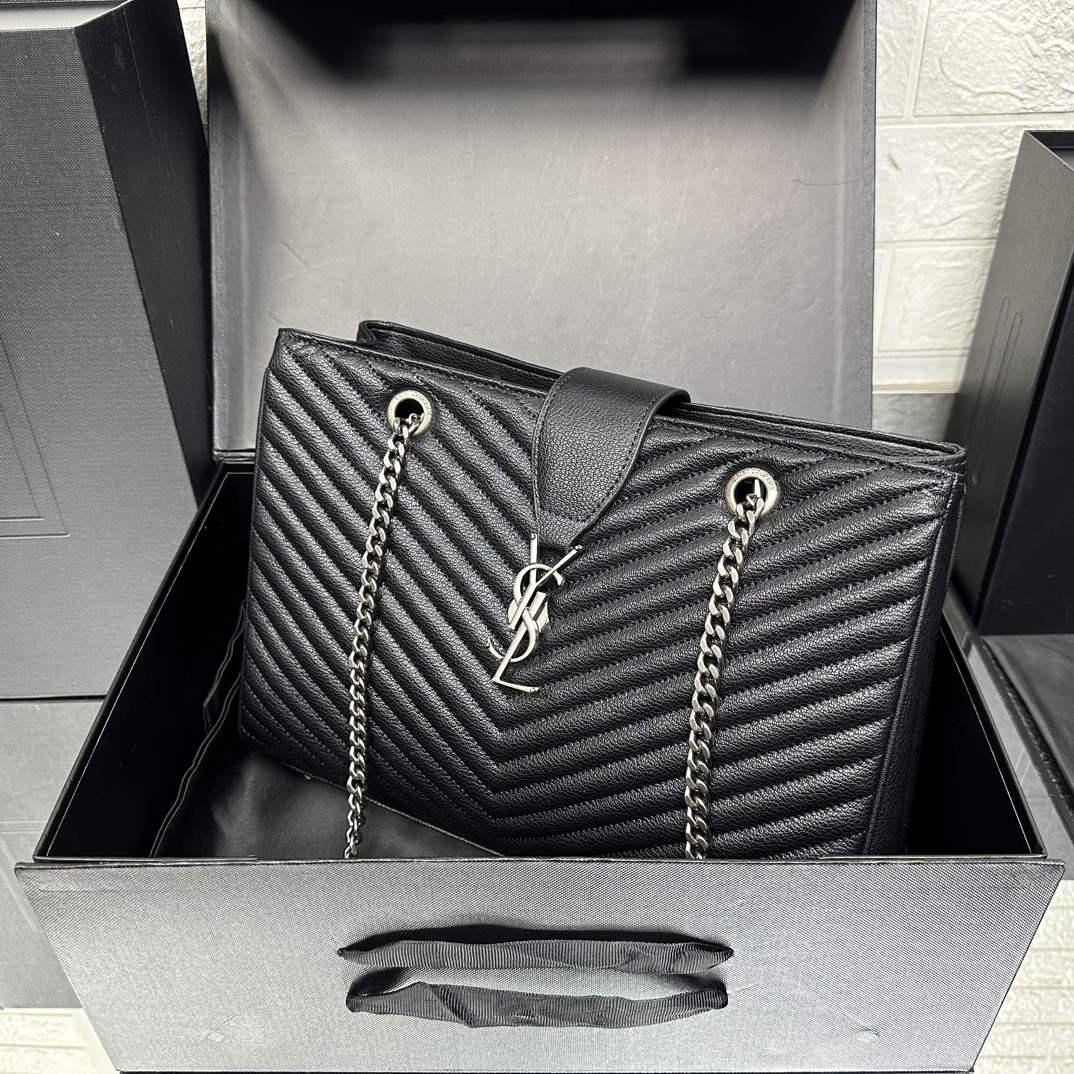 Lady Designer Black Matelasse Leather Cassandre Large Shopper Tote-Sier Hardware - Bag - Gorchic - $153.99