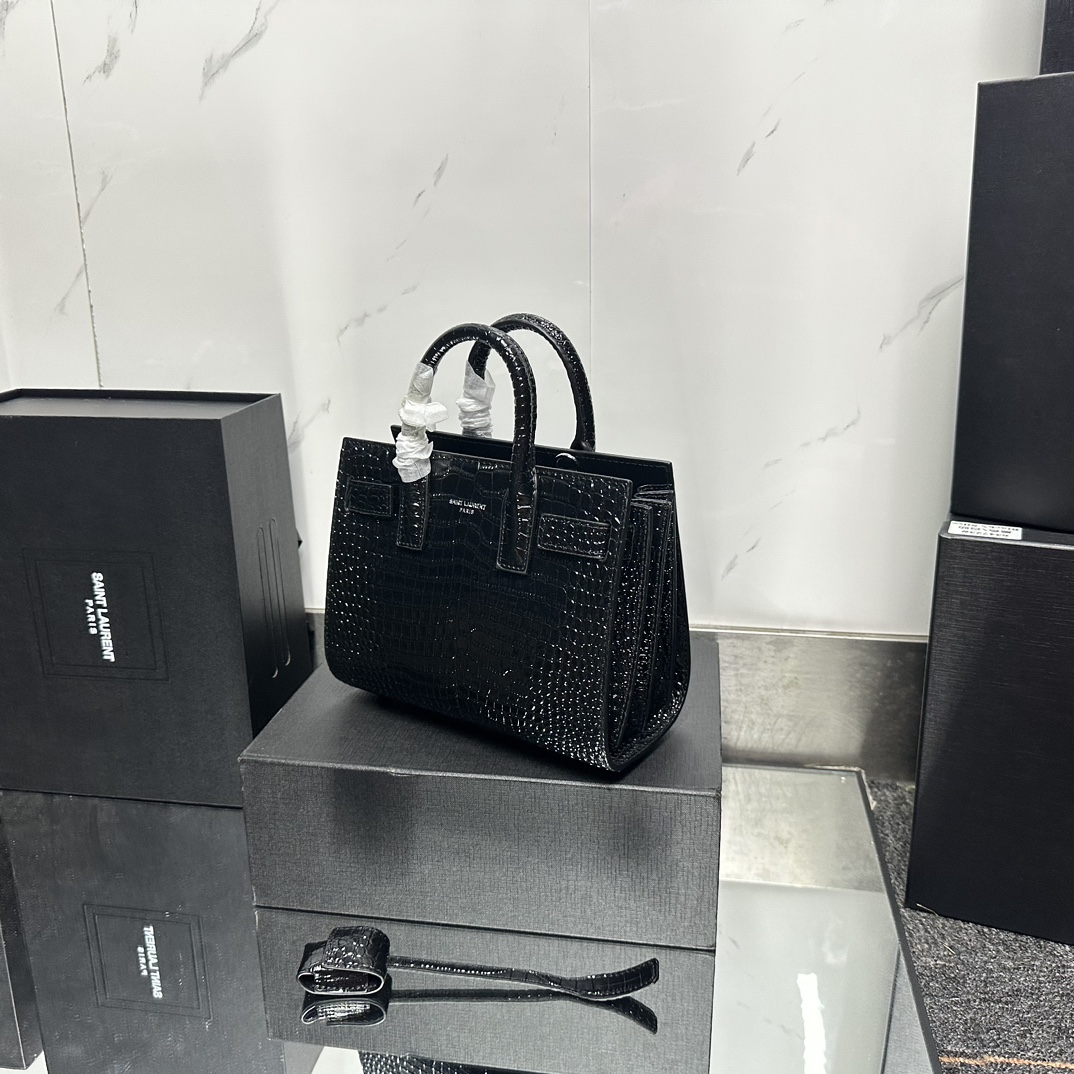 Lady Designer Black Croc Embossed Leather Nano Classic Sac De Jour Tote - Bag - Gorchic - $175.99