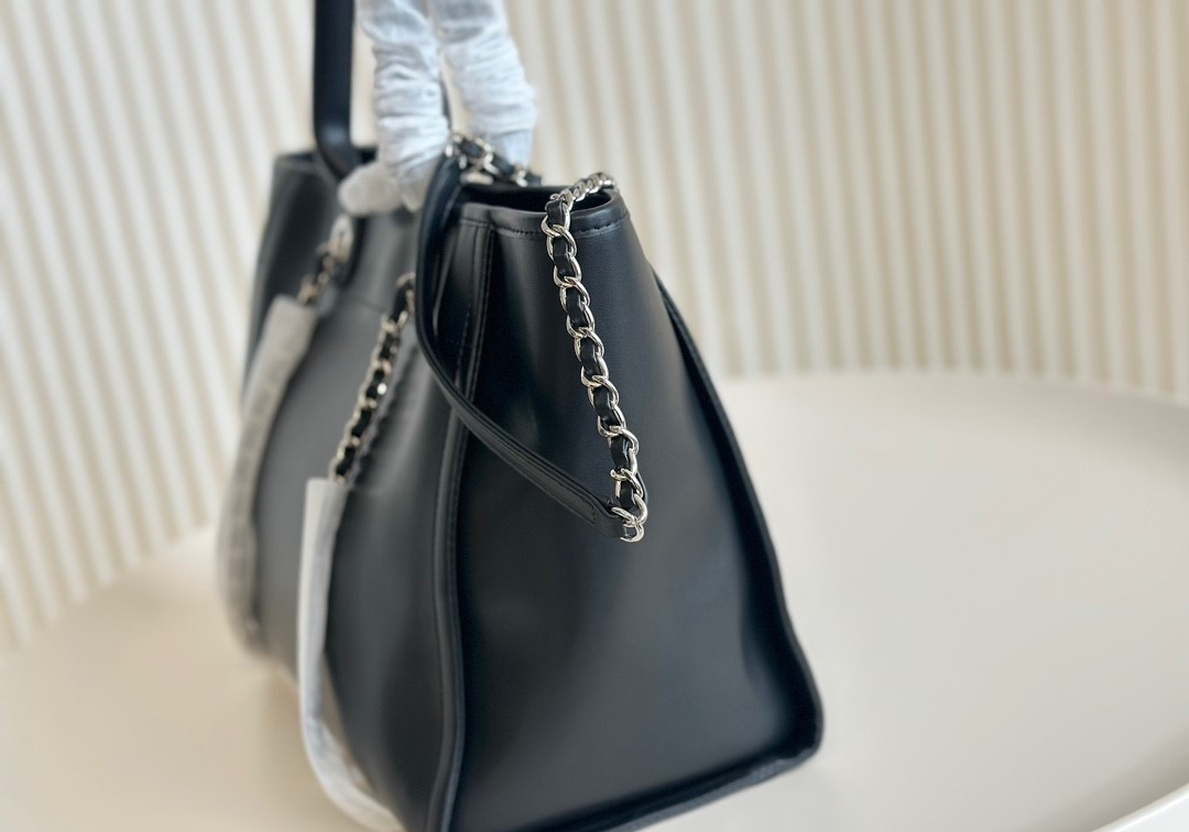 CC Inspired Shopping Tote Bag Mixed Fibres, Calfskin & Sier-Tone Metal-Black - Bag - Gorchic - $148.99