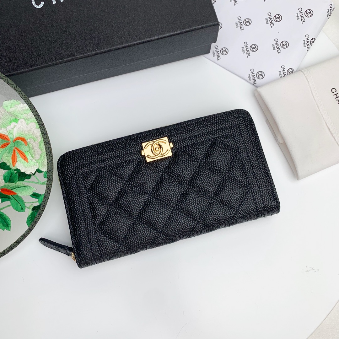 CC Inspired Zip Around Wallet Quilted Caviar Long-Fishseed Pattern Gold Wallet - Gorchic - $52.99