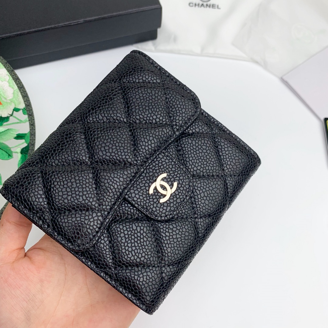 CC Inspired Flap Compact Wallet Quilted Caviar Gold-tone Black - Gorchic - $85.99