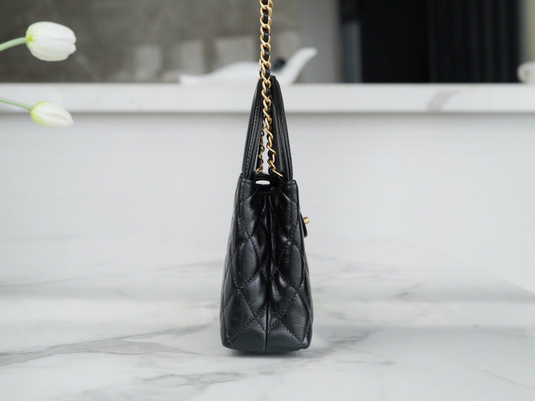 CC Inspired Shiny Aged Calfskin Quilted Nano Kelly Shopper Black - Bag - Gorchic - $121.99