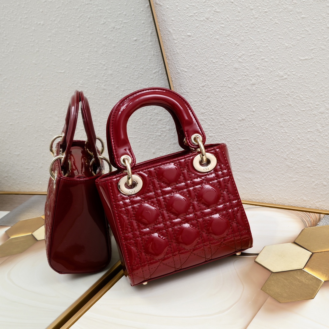 D Inspired Mini Lady D Inspired Bag Powder Cherry Red Patent Cannage Calfskin Golden Hardware - Bag - Gorchic - $138.99