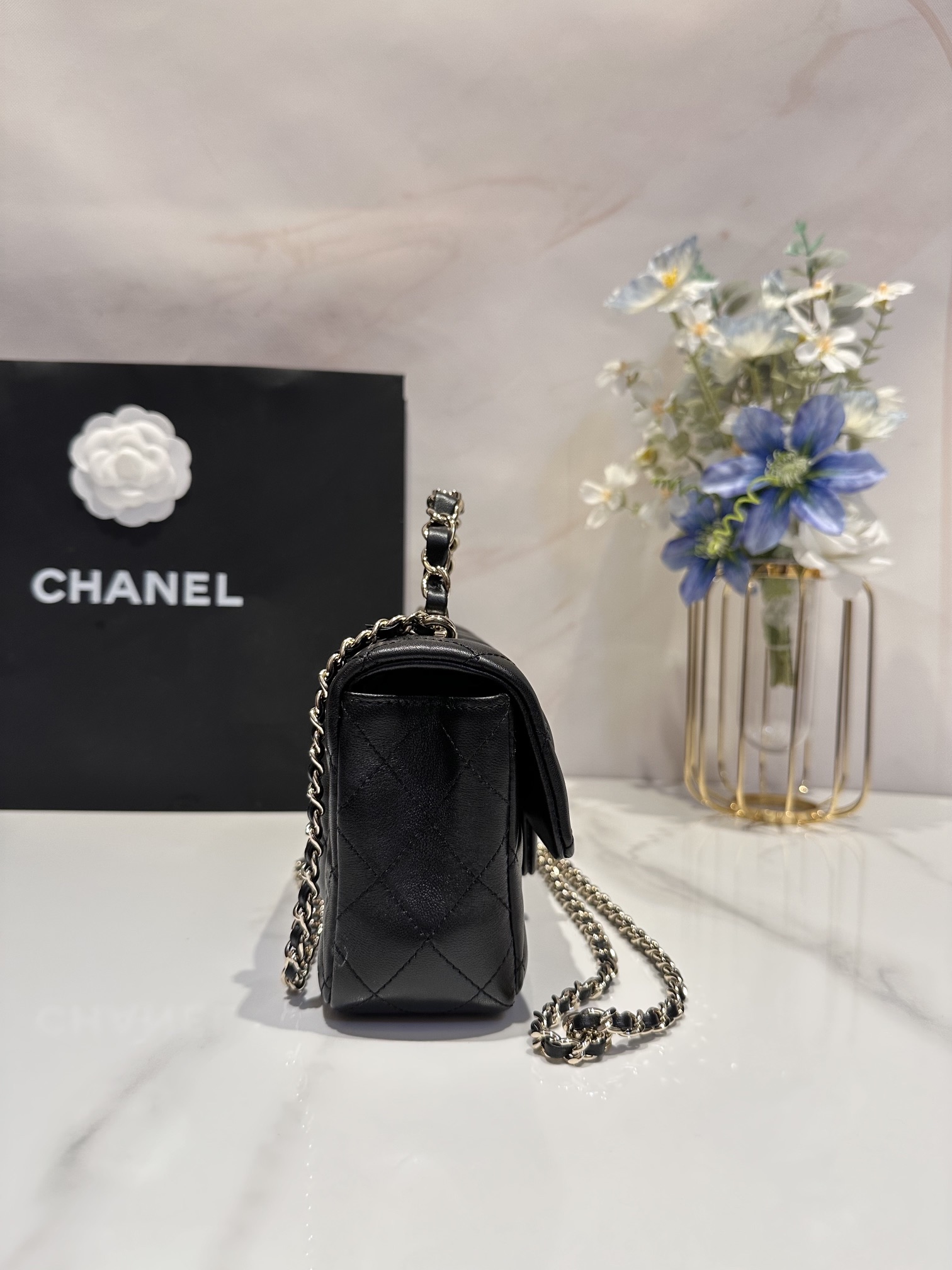 CC Inspired Lambskin Quilted Mini Top Handle Rectangular Flap Black Sier Hardwear Bag - Gorchic - $152.99