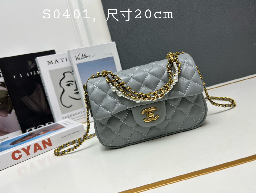 CC Inspired Mini Square Pearl Flap Bag Grey Leather Gold Hardware - Gorchic - $132.99