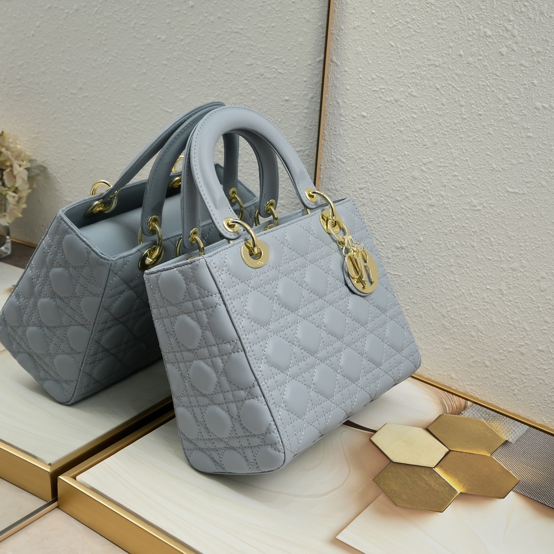 D Inspired Medium Lady D Inspired Bag Light Blue Cannage Calfskin Golden Hardware - Bag - Gorchic - $146.99