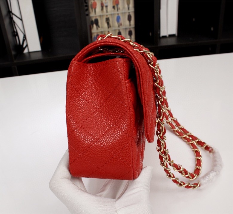 CC Inspired Classic Double Flap Bag Red Caviar Golden Hardware - Bag - Gorchic - $122.99