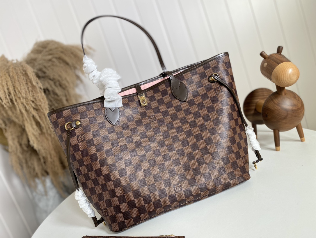 Designer Monogram  Damier Ebene Canvas Neverfull MM Rose Ballerine - Bag - Gorchic - $110.99