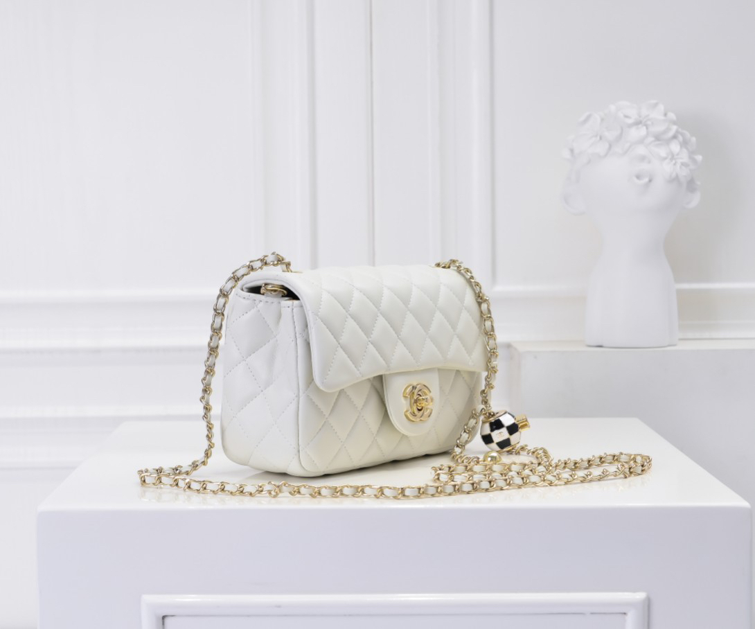 CC Inspired Classic Flag Bag Pearl Crush Mini Square White Calfskin Light Gold Hardware - Bag - Gorchic - $127.99