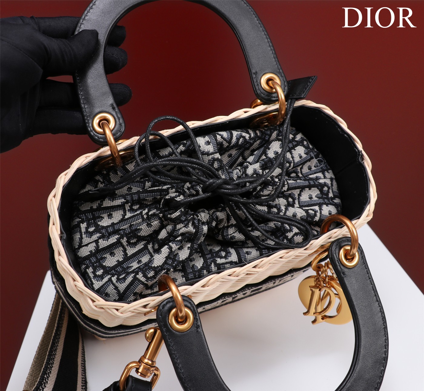 D Inspired Lady D Inspired Natural Wicker and Blue D Inspired Oblique Jacquard Handbag - Bag - Gorchic - $178.99