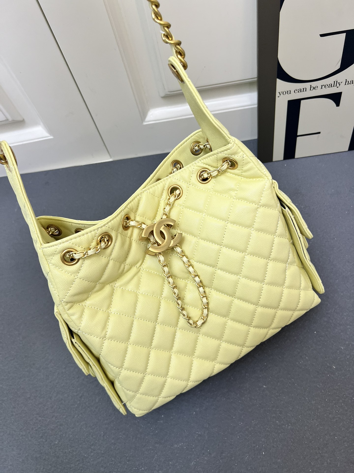 CC Inspired 25 Small Handbag Grained Calfskin & Gold-Tone Metal Light Yellow - Bag - Gorchic - $152.99