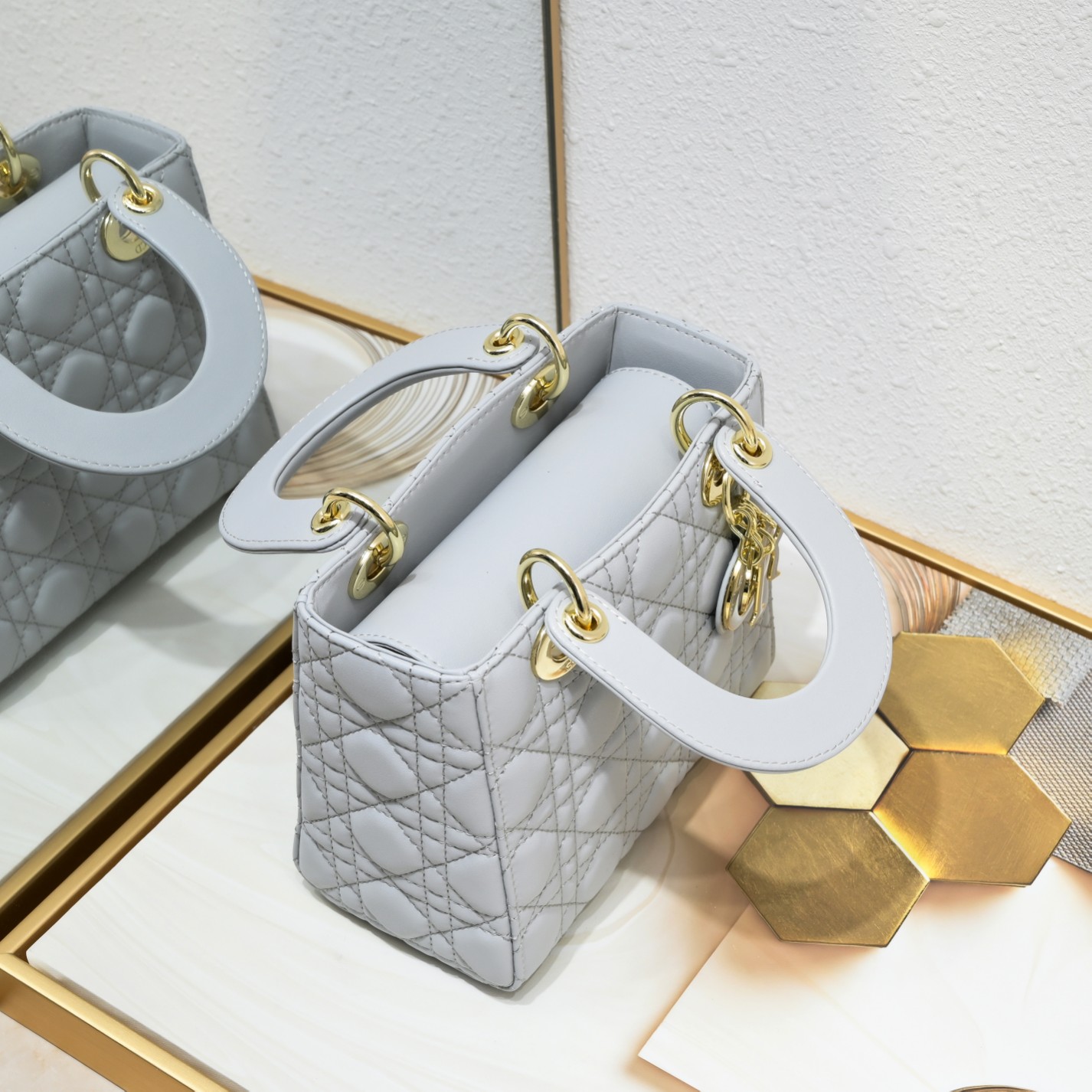 D Inspired Small Lady D Inspired Bag Light Blue Cannage Calfskin Golden Hardware - Bag - Gorchic - $144.99