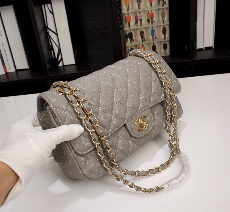 CC Inspired Classic Double Flap Bag Dark Grey Caviar Golden Hardware - Bag - Gorchic - $122.99