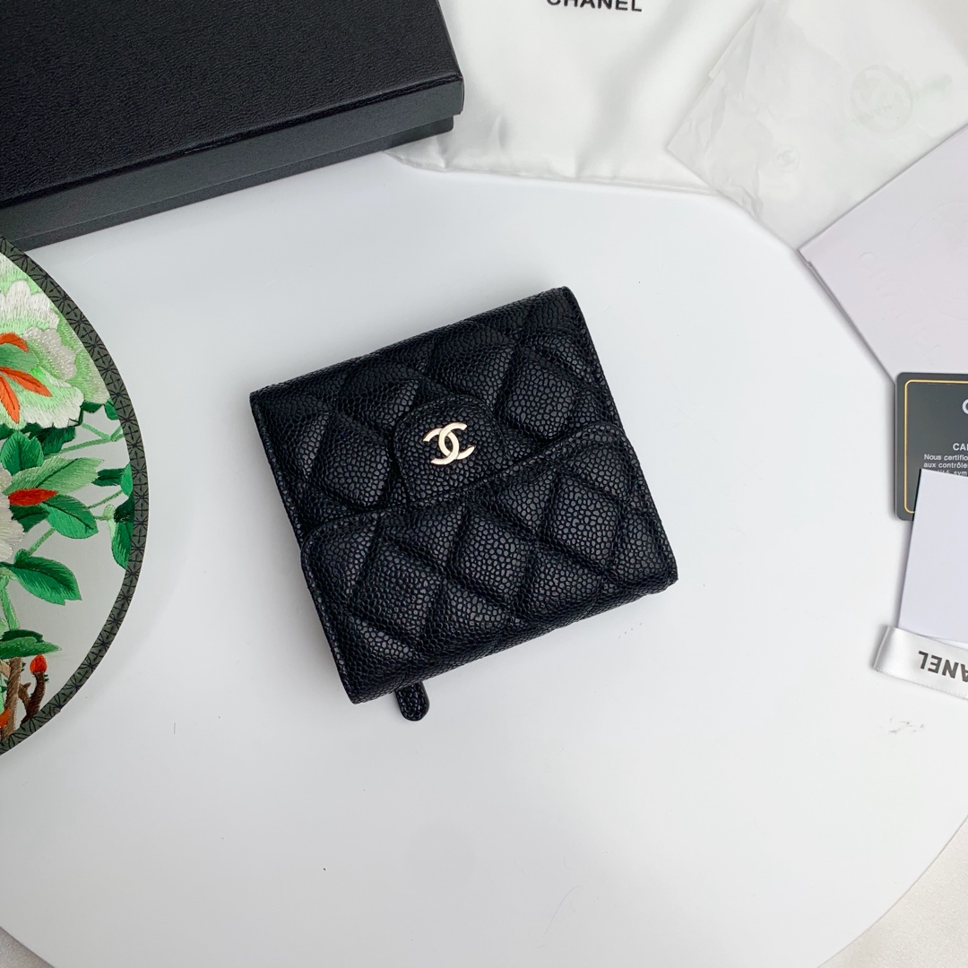 CC Inspired Flap Compact Wallet Quilted Caviar Gold-tone Black - Gorchic - $85.99