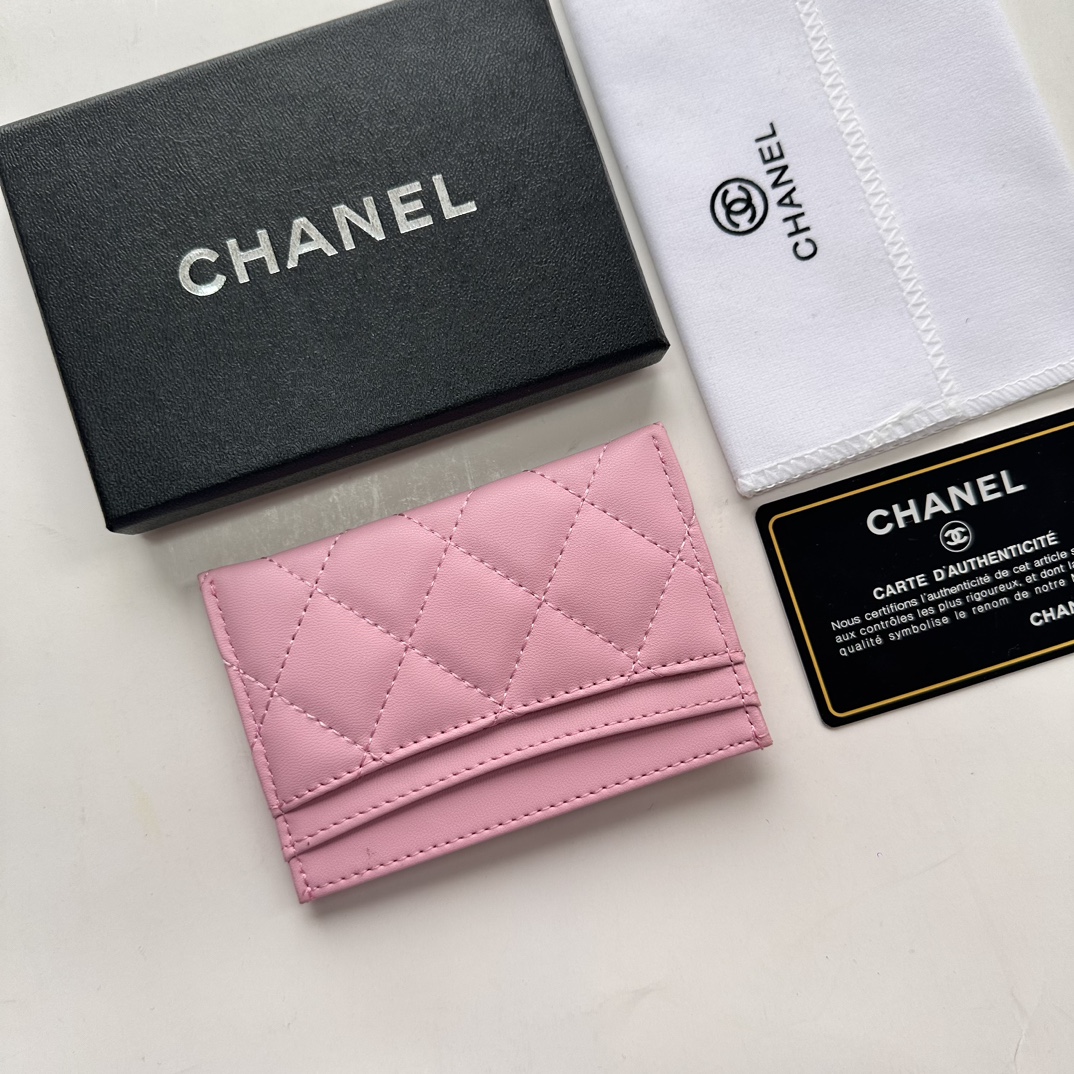 CC Inspired CLASSIC CARD HOLDER Grained Calfskin Pink Wallet - Gorchic - $37.99