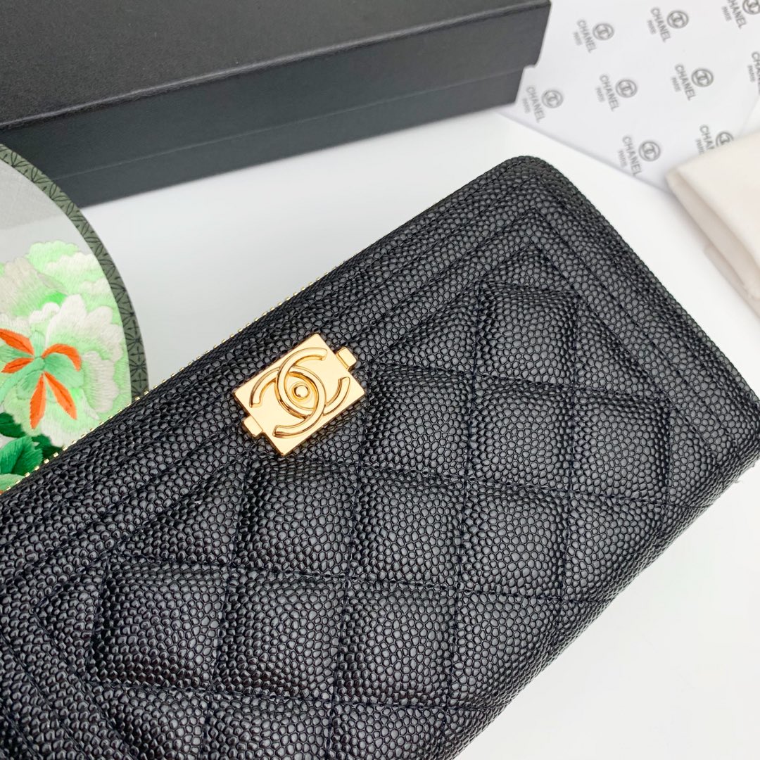 CC Inspired Zip Around Wallet Quilted Caviar Long-Fishseed Pattern Gold Wallet - Gorchic - $52.99